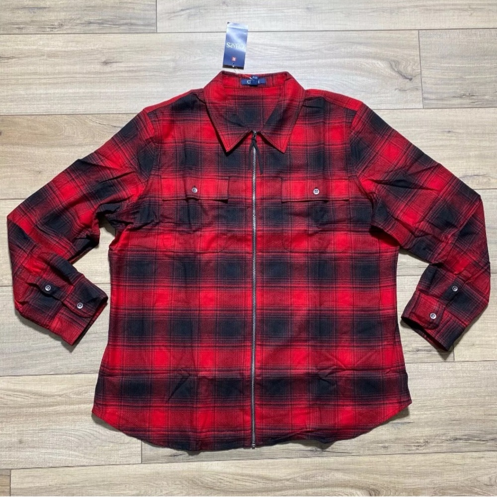Chaps Womens Plaid Zip Front Long‎ Sleeve Shirt Size XXL Black Red